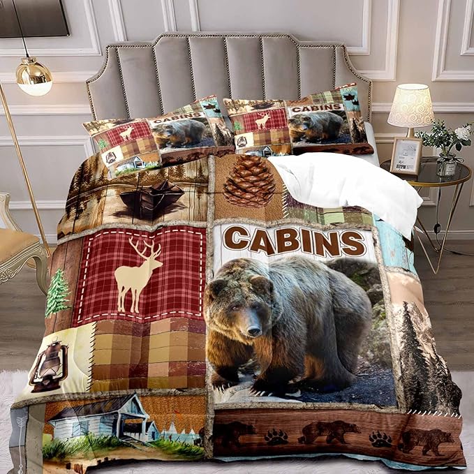 LUVIVIHOME 3PCS Rustic Cabin Comforter Set Queen Size, Bear Bedding Sets, Elk Deer Forest Woodland Animals Wildlife Hunting Country Farmhouse Red Buffalo Plaid Lodge Patchwork Quilt, 2 Pillow Shams - LeafyLoom
