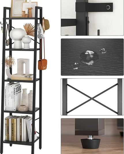 YMYNY 5 Tiers Ladder Bookcase, Industrial Narrow Bookshelf, Open Display Rack with 4 S Hooks, Metal Storage Shelves for Bedroom, Home Office, Living Room, Black, 63H*13.4L*11.8W, UHBC025B - LeafyLoom