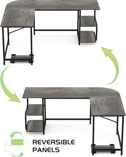 Teraves Reversible L Shaped Desk with Large Surface, 61 Inch Sturdy Corner Desk with Storage Shelves, Premium Office Computer Desk Workstation for Home Office Gaming - LeafyLoom