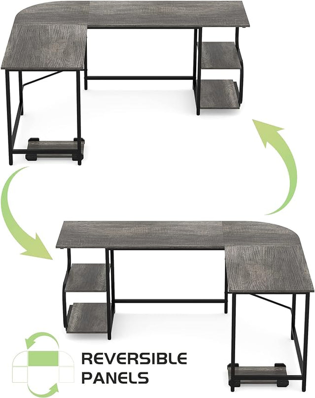 Teraves Reversible L Shaped Desk with Large Surface, 61 Inch Sturdy Corner Desk with Storage Shelves, Premium Office Computer Desk Workstation for Home Office Gaming - LeafyLoom