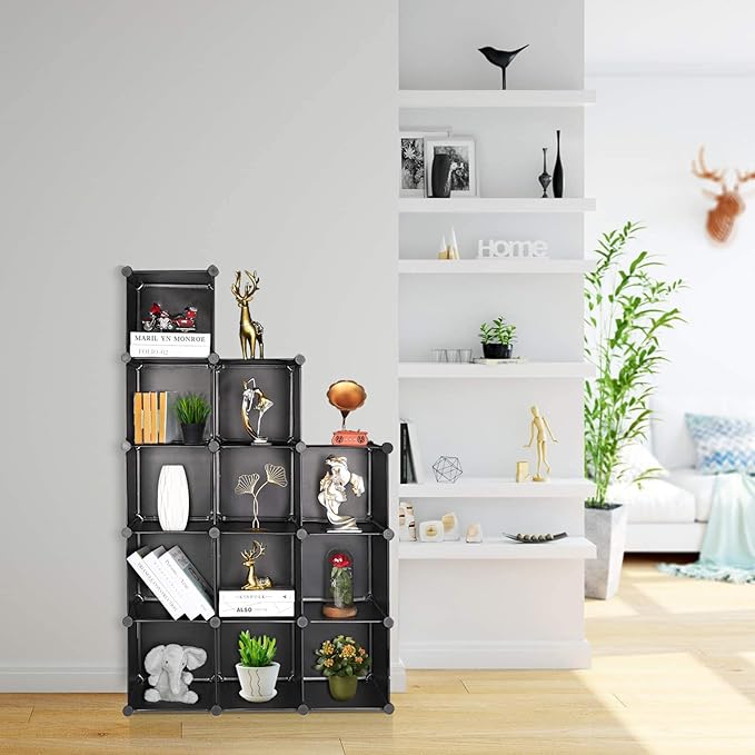 TUMUCUTE Cube Storage Organizer, 12-Cube DIY Plastic Closet Cabinet Modular Bookcase, Storage Shelves for Bedroom Living Room, Office, Black - LeafyLoom