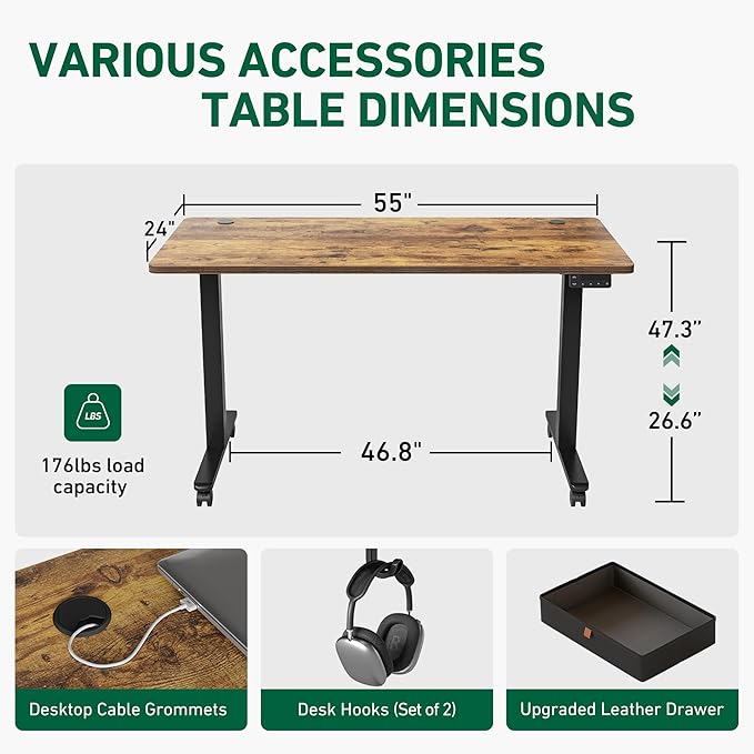 FEZIBO 55 x 24 Inches Standing Desk with Drawer, Adjustable Height Electric Stand up Desk with Storage, Sit Stand Home Office Desk, Ergonomic Computer Desk, Rustic Brown - LeafyLoom