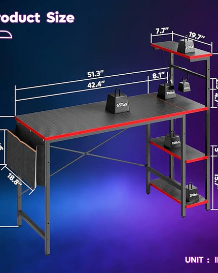 Bestier Gaming Desk with LED Lights, Computer Desk with 4 Tiers Reversible Shelves, 51.3 Inch gamer desk with Side Storage Bag, Hooks and Height Adjustable Shelf (Black Carbon Fiber) - LeafyLoom
