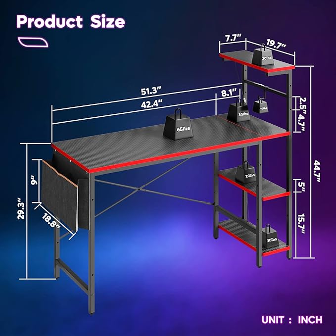 Bestier Gaming Desk with LED Lights, Computer Desk with 4 Tiers Reversible Shelves, 51.3 Inch gamer desk with Side Storage Bag, Hooks and Height Adjustable Shelf (Black Carbon Fiber) - LeafyLoom