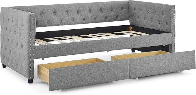 RITSU Twin Size Upholstered Daybed, Pull Out with Two Storage Drawers, Solid Wood Frame Sofa Bed, Tufted Buttons and Copper Nails On Square Arms, for Bedrooms, Apartments, 82.75, Grey-1 - LeafyLoom