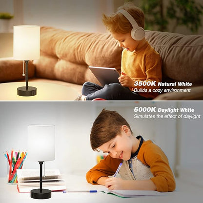 Small Bedroom Lamps with USB C and A Ports 3 Color Temperatures - 2700K 3500K 5000K Pull Chain White Nightstand Bedside Table Lamps with AC Outlet, Metal Base for Kids Reading - LeafyLoom
