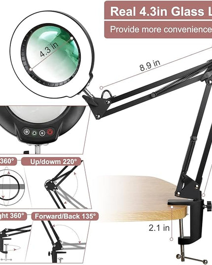 Veemagni 8X Magnifying Glass with Light, 5 Color Modes Stepless Dimmable, Adjustable Swing Arm LED Lighted Desk Lamp with Clamp, Hands Free Magnifier with Light and Stand for Craft Hobby Close Works - LeafyLoom