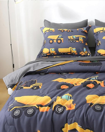 Wajade 7 Piece Construction Truck Kids Comforter Set for Boys Twin Size 3D Vehicles Excavator Cars Bedding Set for Kids Teens(1 Comforter, 1 Flat Sheet, 1 Fitted Sheet, 2 Pillowcase and 2 Pillow Sham) - LeafyLoom