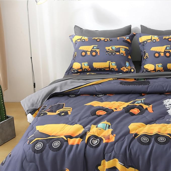 Wajade 7 Piece Construction Truck Kids Comforter Set for Boys Twin Size 3D Vehicles Excavator Cars Bedding Set for Kids Teens(1 Comforter, 1 Flat Sheet, 1 Fitted Sheet, 2 Pillowcase and 2 Pillow Sham) - LeafyLoom