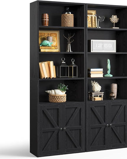 oneinmil 6 Tier Bookcase Set of 2,Wooden Bookshelves with Cabinet Doors, Floor Bookshelf and Office Storage Cabinets for Living Room,Black - LeafyLoom