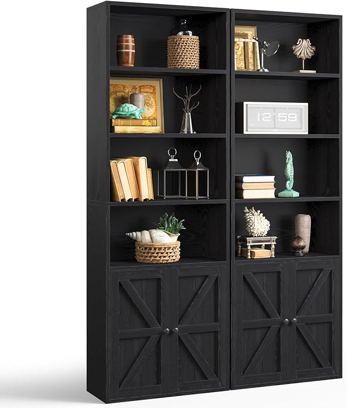 oneinmil 6 Tier Bookcase Set of 2,Wooden Bookshelves with Cabinet Doors, Floor Bookshelf and Office Storage Cabinets for Living Room,Black - LeafyLoom