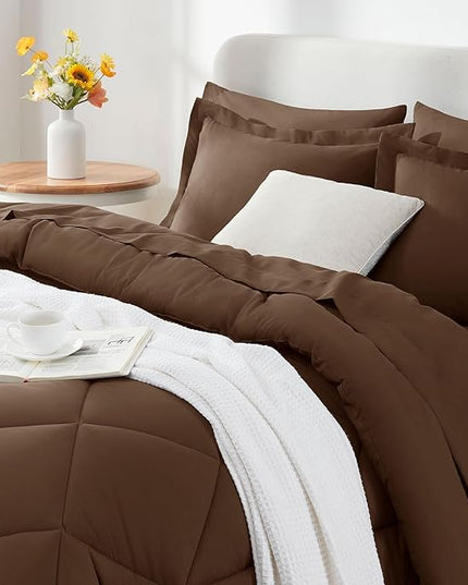 CozyLux Full Comforter Set with Sheets 7 Pieces Bed in a Bag Brown All Season Bedding Sets with Comforter, Pillow Shams, Flat Sheet, Fitted Sheet and Pillowcases - LeafyLoom