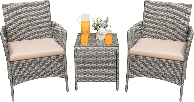 Greesum 3 Pieces Patio Furniture Sets Outdoor PE Rattan Wicker Chairs with Soft Cushion and Glass Coffee Table for Garden Backyard Porch Poolside, Gray and Beige - LeafyLoom