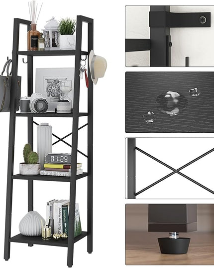 YMYNY 4 Tiers Ladder Bookcase, Industrial Narrow Bookshelf, Open Display Rack with 4 S Hooks, Metal Storage Shelves for Bedroom, Home Office, Living Room, Black, 49.2H*13.4L*11.8W, UHBC024B - LeafyLoom