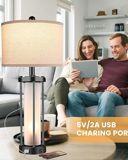 Table Lamps for Living Room Set of 2,26" Tall Bedside Farmhouse Table Lamps with LED Lantern Nightlight,Bedroom Nightstand Lamps with Dual USB Port Beige Fabric Shade (Bulbs Included) - LeafyLoom