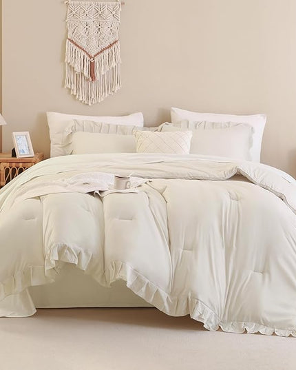 Andency Beige Comforter Set King, 3 Pieces Farmhouse Shabby Chic Ruffle Comforter, Lightweight Fluffy Soft Microfiber All Season Solid Bed Comforter Set (1 Ruffle Comforter & 2 Pillowcases) - LeafyLoom