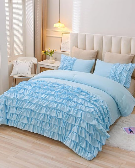 A Nice Night Waterfall Flutter Ruffle 3PCS Comforter Set,Chic Ruffled Textured Princess Bedding Set,Blue,Twin - LeafyLoom