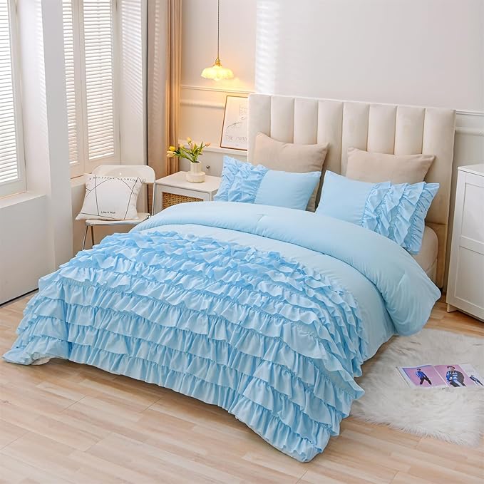 A Nice Night Waterfall Flutter Ruffle 3PCS Comforter Set,Chic Ruffled Textured Princess Bedding Set,Blue,Twin - LeafyLoom