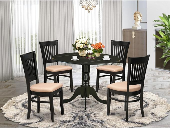 East West Furniture Dublin 5 Piece Dining Set for 4 includes a Round Kitchen Table with Dropleaf and 4 Linen Fabric Upholstered Dinette Chairs, 42x42 Inch, DLVA5-BLK-C - LeafyLoom