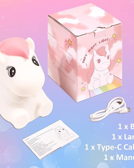 FULLOSUN Cute Pony Kids Night Light, Horse Gifts for Girl, Kawaii Pony Lamp Funny Valentines Birthday Gifts for Women Teenage Girls Boy Toddler - Portable Squishy Battery Operated - LeafyLoom