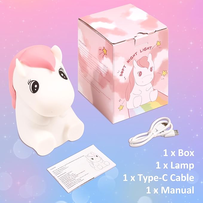 FULLOSUN Cute Pony Kids Night Light, Horse Gifts for Girl, Kawaii Pony Lamp Funny Valentines Birthday Gifts for Women Teenage Girls Boy Toddler - Portable Squishy Battery Operated - LeafyLoom