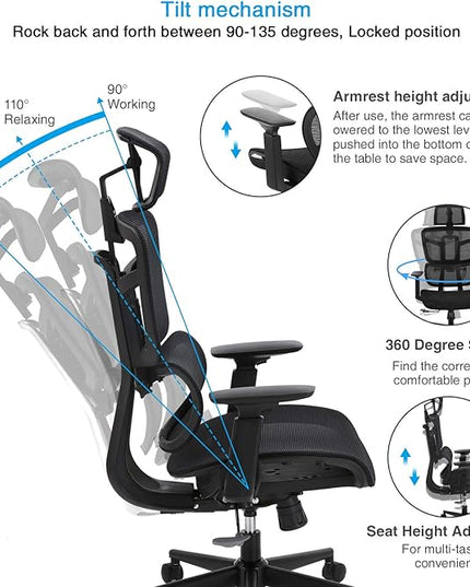 Office Computer Desk Chair, Ergonomic Desk Chair Mesh Computer Chair with Wheels, Adjustable 4D Smart Lumbar Support, Armrests, Seat Depth and Headrest for Home, Bedroom, Study, Dorm, Student, Adults - LeafyLoom
