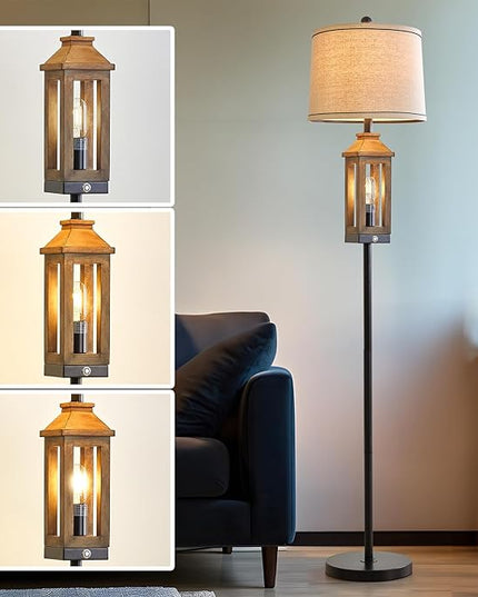 63" Floor Lamps for Living Room Bedside Nightstand Lamp Black Tall Standing Lamp for Home Decor Bedroom Reading Lamp Farmhouse Rustic Bed Lights with 2 Light Sources - LeafyLoom