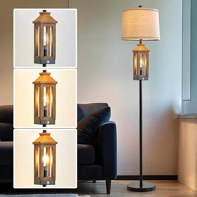 63" Floor Lamps for Living Room Bedside Nightstand Lamp Black Tall Standing Lamp for Home Decor Bedroom Reading Lamp Farmhouse Rustic Bed Lights with 2 Light Sources - LeafyLoom