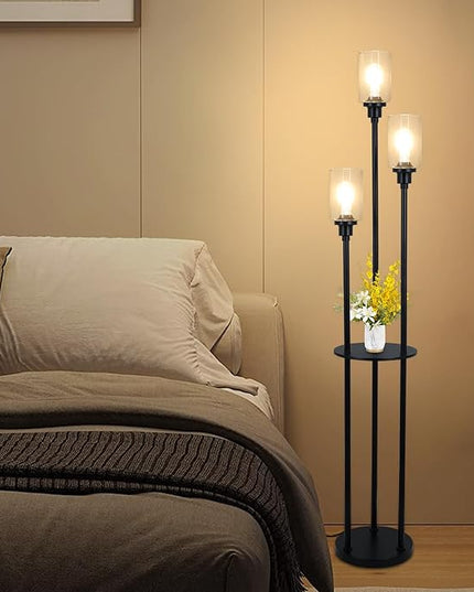 HMVPL Floor Lamps for Living Room, 3-Lights Modern Floor Lamp with Shelves, Farmhouse Standing Lamp with Glass Shades, On/Off Foot Switch, Black Industrial Tall Lamp for Bedroom Office Corner(66") - LeafyLoom