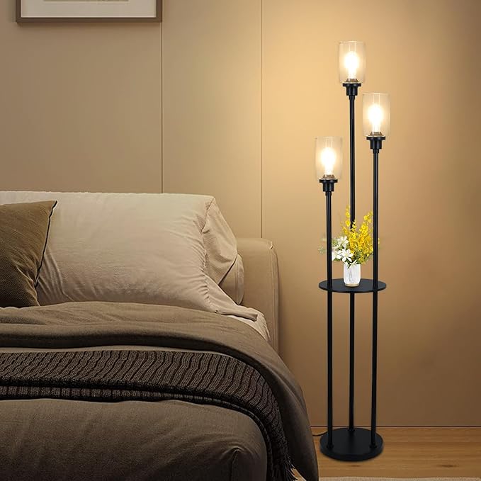 HMVPL Floor Lamps for Living Room, 3-Lights Modern Floor Lamp with Shelves, Farmhouse Standing Lamp with Glass Shades, On/Off Foot Switch, Black Industrial Tall Lamp for Bedroom Office Corner(66") - LeafyLoom
