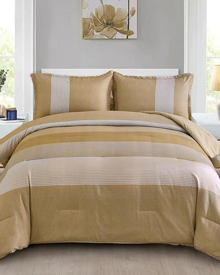 WONGS BEDDING Comforter Set Queen, Reversible Yellow Striped Patchwork Down Alternative Comforter for Queen Bed,3 Pieces (1 Comforter+2 Pillowcases), Soft Microfiber Bedding Set 90"×90" - LeafyLoom