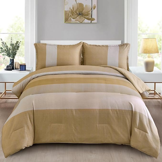 WONGS BEDDING Comforter Set Queen, Reversible Yellow Striped Patchwork Down Alternative Comforter for Queen Bed,3 Pieces (1 Comforter+2 Pillowcases), Soft Microfiber Bedding Set 90"×90" - LeafyLoom