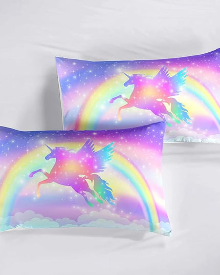 Kids Comforter Bedding Set 3 Pieces Super Soft Breathable Print Kids Bedding Sets for Girls, Machine Washable Durable Comforter Set with Comforter, 2 Pillowcases Rainbow(Twin, Purple Unicorn) - LeafyLoom