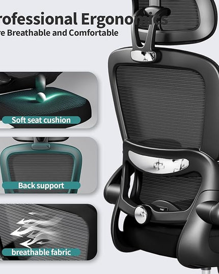 Office Chair Ergonomic Desk Chair, 330 LBS Home Mesh Office Desk Chairs with Wheels, Comfortable Gaming Chair, High Back Office Chair for Long Hours, Office Chair for Study and Work (Black) - LeafyLoom