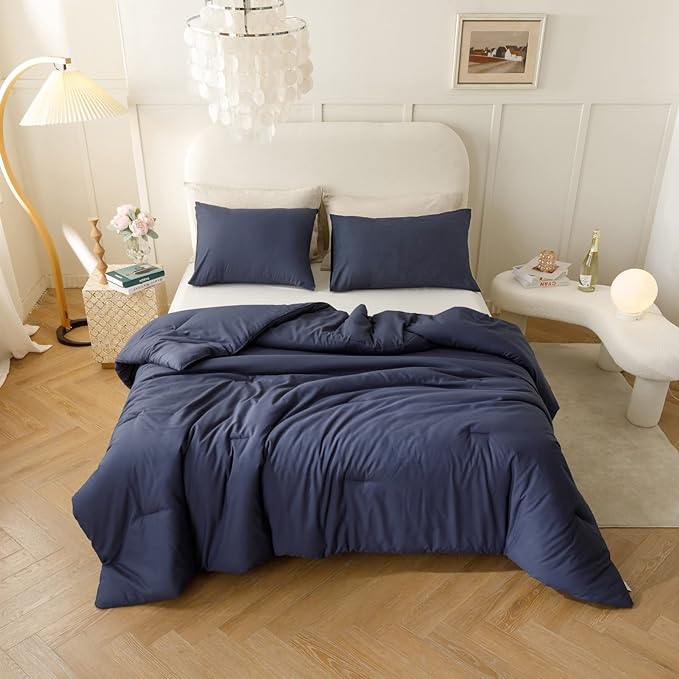 ROSGONIA Navy Blue Comforter Set Queen, 3pcs (1 Boho Blue Comforter & 2 Pillowcases) All Season Soft Bedding Lightweight Bedspread Blanket Quilt - LeafyLoom