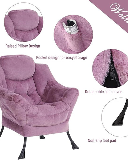 Welnow Lazy Chair with Ottoman, Modern Lounge Accent Chair with Armrests and a Side Pocket, Leisure Sofa Chair Set, Reading Chair with Footrest for Small Space, Corner Chair, Plush Purple - LeafyLoom