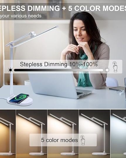Lightess LED Desk Lamp with Wireless Charger, USB Charging Port, 5 Color Modes, 5 Brightness Level, Dimmable Desk Lamp, Office Table Lamp for Study Reading, Touch Control, Auto Timer - LeafyLoom