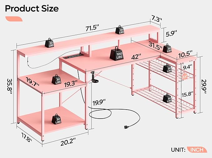 Bestier 71.5 inch Gaming Desk with Power Outlet, Large LED Computer Desk with Monitor Stand, L Shaped Desk with Storage Shelf, Cup Holder & Headset Hooks, Corner Gamer Desk for Bedroom Pink - LeafyLoom