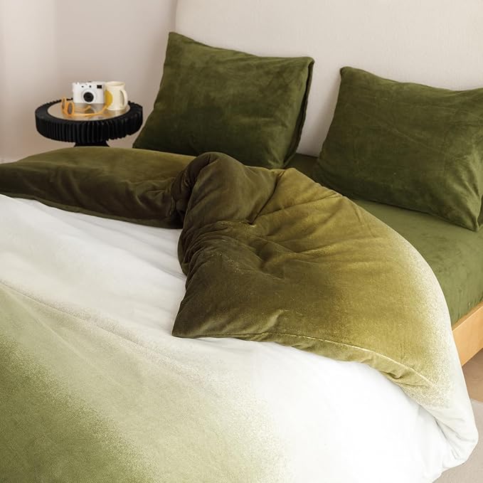 Wellboo Army Green Gradient Comforter Sets Full Green White Fluffy Bedding Comforters Modern Gradient Dark Green Flannel Quilts Farmhouse Abstract Art Watercolor Comforters Sherpa Fuzzy Plush Bedding - LeafyLoom
