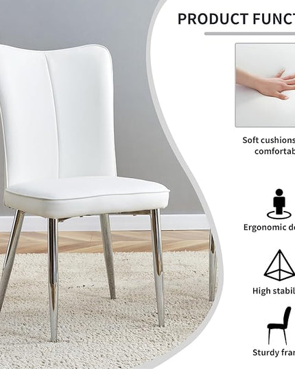 Modern Dining Chairs Set of 2, PU Leather Seat Cushions White Dining Room Chair, with Silver Metal Legs Kitchen Chair for Home Living Room, Restaurant, White Chair Silver Legs - LeafyLoom