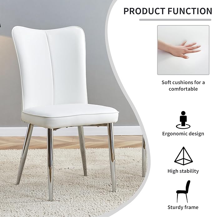 Modern Dining Chairs Set of 2, PU Leather Seat Cushions White Dining Room Chair, with Silver Metal Legs Kitchen Chair for Home Living Room, Restaurant, White Chair Silver Legs - LeafyLoom