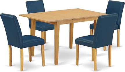 East West Furniture NOAB5-OAK-55 5 Piece Modern Dining Table Set Includes a Rectangle Wooden Table with Butterfly Leaf and 4 Oasis Blue Faux Leather Parson Chairs, 32x54 Inch, Oak - LeafyLoom
