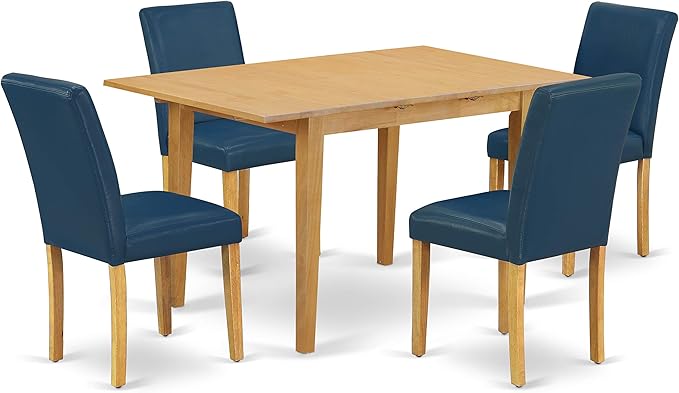 East West Furniture NOAB5-OAK-55 5 Piece Modern Dining Table Set Includes a Rectangle Wooden Table with Butterfly Leaf and 4 Oasis Blue Faux Leather Parson Chairs, 32x54 Inch, Oak - LeafyLoom