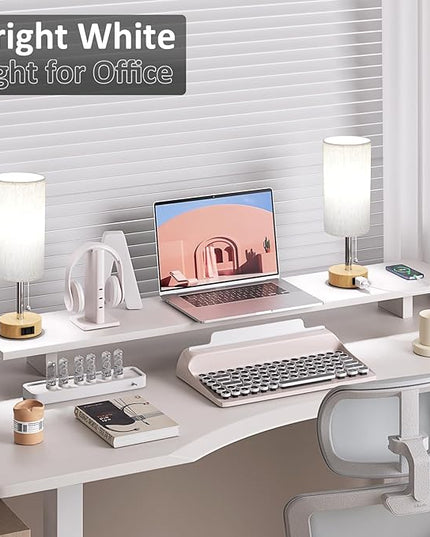 Wood Grain Bedside Table Lamps Set of 2-3 Color Temperatures Pull Chain Lamp with AC Outlet Charging Port, Two Round Night Stand Lamps for Bedroom Office, Small Bed Light with E26 LED Bulbs - LeafyLoom