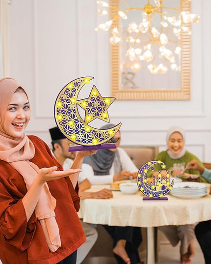 2 Pcs Ramadan Eid Mubarak Crafts Night Light 3D Wooden Moon Star Lights Ramadan Decorations LED Eid Mubarak Lamp Decor Ramadan Table Sign for Tabletop Home Party Supplies(Purple and Gold) - LeafyLoom