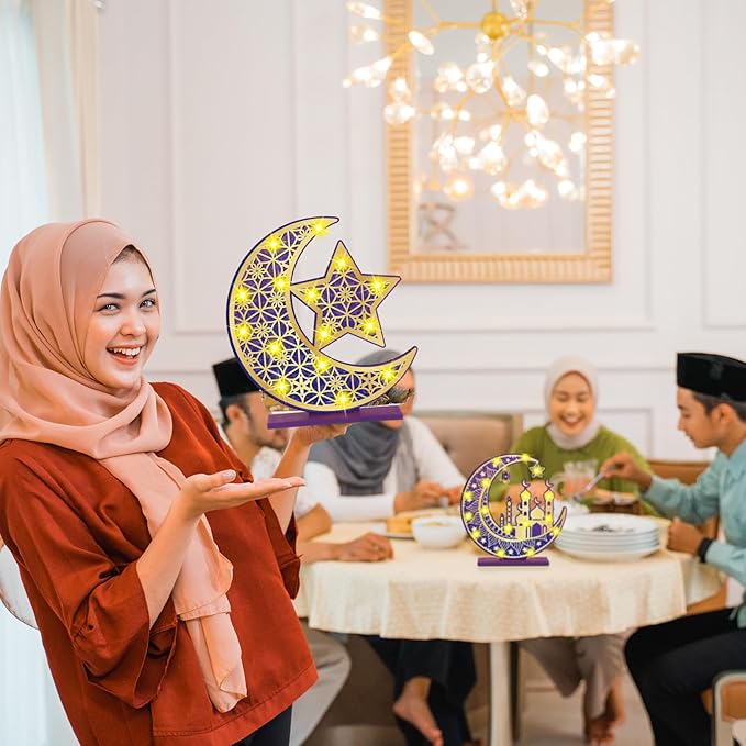 2 Pcs Ramadan Eid Mubarak Crafts Night Light 3D Wooden Moon Star Lights Ramadan Decorations LED Eid Mubarak Lamp Decor Ramadan Table Sign for Tabletop Home Party Supplies(Purple and Gold) - LeafyLoom