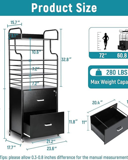 Vertical File Cabinet, 2 Drawer Mobile Filing Cabinet with 3 Bookshelf, Printer Stand with Open Storage Shelves Fits A4/Letter/Legal Size File Cabinets for Home Office Organizer, Black - LeafyLoom