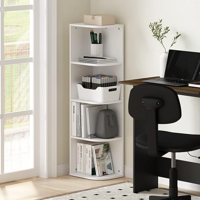 Furinno Pasir 4-Tier Corner Open Shelf Bookcase, White - LeafyLoom