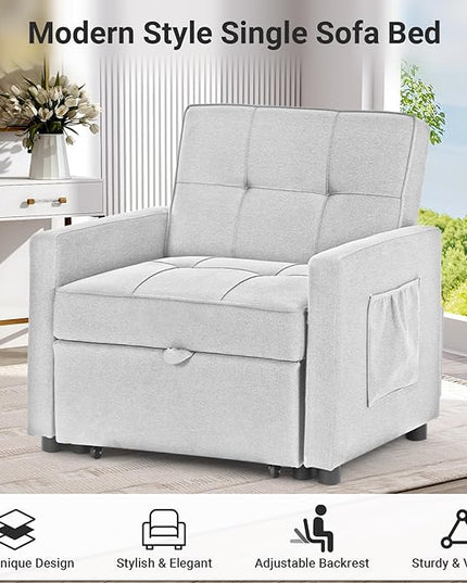 4-in-1 Convertible Sleeper Sofa, Single Pull Out Couch Chair with 6-Level Adjust Backrest Loveseat with Storage and Pillows, Modern Recliner for Living Room Apartment Office, White - LeafyLoom