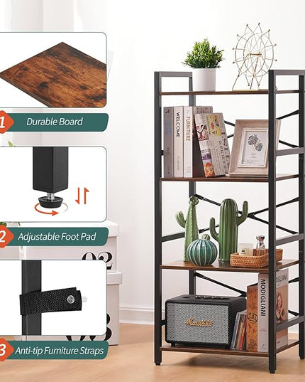 Yoobure 4 Tier Bookshelf - Small Book Shelf Industrial Bookcase, Narrow Book Case Book Storage Organizer for CD/Movie/Book, Bookshelves for Bedroom Office Living Room Berry Brown - LeafyLoom